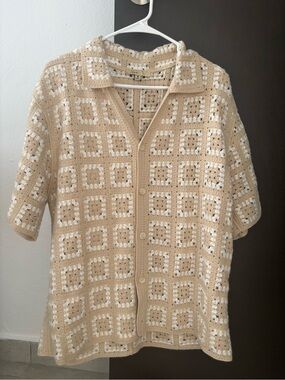 Sandstone Men's Crochet Granny Square Shirt - Size M - Sandstone/Beige